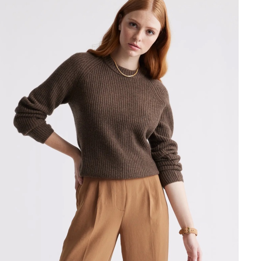Quince Mongolian Cashmere Fisherman Crew Neck Sweater Brown